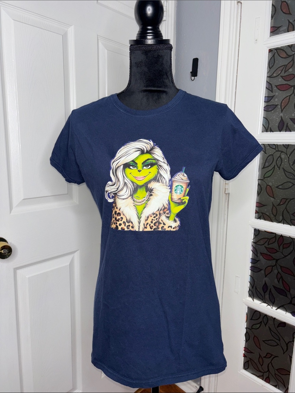 Gildan Navy Blue Short Sleeve Tee with Neon Green Character and Leopard Print